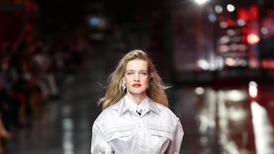 Natalia Vodianova walks the runway at the fashion debut of the first co-ed Ferrari collection at Ferrari Factory on June 13, 2021 in Maranello, Italy. Getty Images
