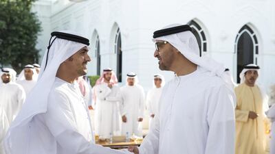 Sheikh Mohammed bin Zayed, Crown Prince of Abu Dhabi and Deputy Supreme Commander of the Armed Forces, greets an Armed Forces servicemen injured while serving the armed forces in Yemen. Seen during a Sea Palace barza. Ryan Carter / Crown Prince Court - Abu Dhabi