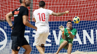 The goalkeeper of Tahiti national team, Gabriel Amau, makes a save during training. EPA