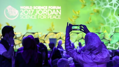 Participants attend at the opening session of the eighth World Science Forum 2017 in Jordan. On Tuesday, panelists discussed how to foster enthusiasm among young people about science. Amel Pain / EPA