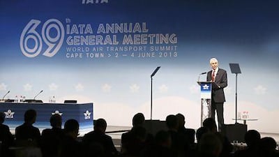 Tony Tyler, the director general and chief executive of Iata, gives the opening address at the 69th annual general meeting of the association in Cape Town, South Africa, yesterday. Nic Bothma / EPA