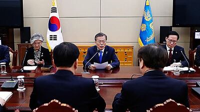 Chung Eui-Yong head of the presidential National Security Office reported to President Moon Jae-In after their visit in North Korea at the presidential Blue House. South Korean Presidential Blue House / via Getty Images