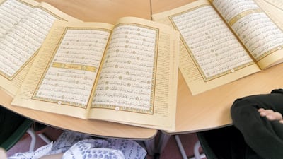 Girls recite the Quran during a class at Al Bateen Centre For Quran Memorisation. Reem Mohammed / The National
