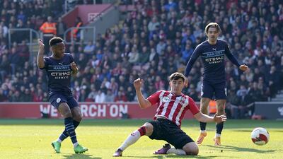 Raheem Sterling scores City's first goal. PA