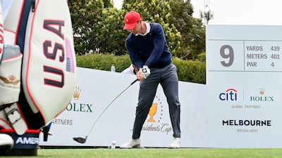 US player Patrick Cantlay tees off. AFP
