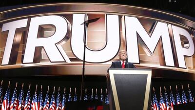Republican presidential nominee Donald Trump delivers his address during the final day of the 2016 Republican National Convention. Michael Reynolds / EPA