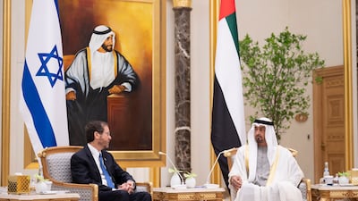 Sheikh Mohamed with Isaac Herzog at Qasr Al Watan. Mohamed Al Hammadi / Ministry of Presidential Affairs