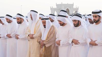 Dr Sheikh Sultan bin Mohammed Al Qasimi, Supreme Council Member and Ruler of Sharjah performs Eid Al Fitr prayers at Al Badea Mussala in Sharjah. Wam