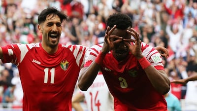 Jordan's Abdallah Nasib celebrates after Tajikistan defender Vakhdat Khanonov's own goal in the Asian Cup quarter-final at Ahmad bin Ali Stadium, Al Rayyan in Qatar on February 2, 2024. Reuters