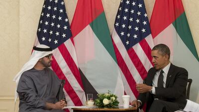 File photo of Sheikh Mohammed bin Zayed, Crown Prince of Abu Dhabi, meeting president Barack Obama in the Hague on March 25, 2014. The two leaders will be meeting again next Monday at the White House. Ryan Carter / Crown Prince Court - Abu Dhabi