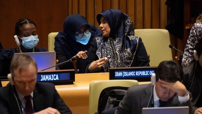 Iranian representatives during discussions about the removal of the republic from the UN women's rights body. AFP