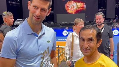 Sheikh Saeed bin Maktoum Al Maktoum, right, and Novak Djokovic before their exhibition match at the inaugural World Tennis League in Dubai on Monday, December 19, 2022. Photo: Dubai Sports Council