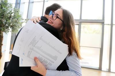 Kateryna Golovko, a pupil at Gems Metropole School in Dubai, celebrates with her father Denys, after receiving her A-level results. Pawan Singh / The National