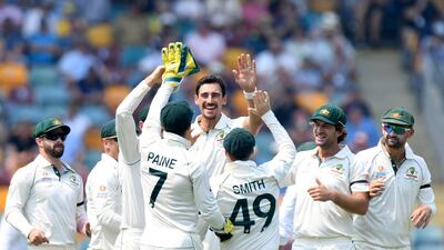 Mitchell Starc of Australia celebrates taking the wicket of Pakistan batsman Haris Sohail. Getty