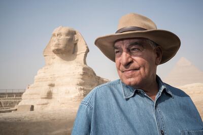 Dr Zahi Hawass in front of the Sphinx and Pyramids of Giza. Getty Images