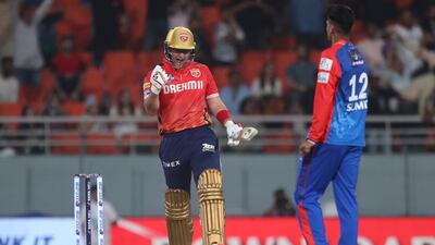 Punjab Kings' Liam Livingstone celebrates after hitting winning runs with a six to give his side a four-wicket victory against Delhi Capitals in the Indian Premier League on Saturday, March 23, 2024. The English batter made 38 runs off 21 balls. AP