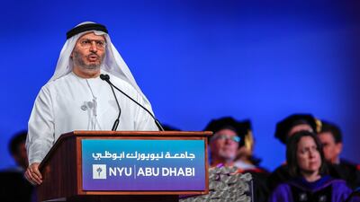 UAE's Minister of State for Foreign Affairs Anwar Gargash delivers a speech during the fifth edition of the University's Commencement Exercises of New York University Abu Dhabi. Ali Haider / EPA