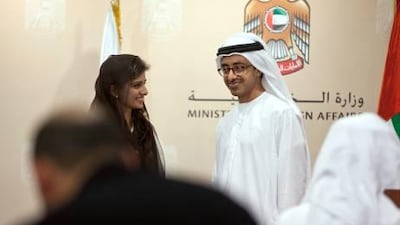 Sheikh Abdullah bin Zayed, the Minister of Foreign Affairs, and the Pakistani foreign minister Hina Rabbani after their meeting in Abu Dhabi yesterday.