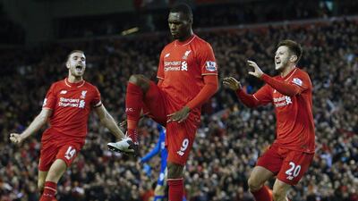 Liverpool's Christian Benteke celebrates after scoring against Leicester City on Saturday in the Premier League. Lindsey Parnaby / AFP / December 26, 2015