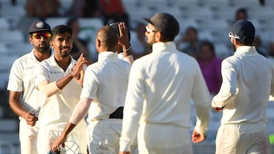 India pacer Jasprit Bumrah, second from right, was in brilliant form on Tuesday. AFP