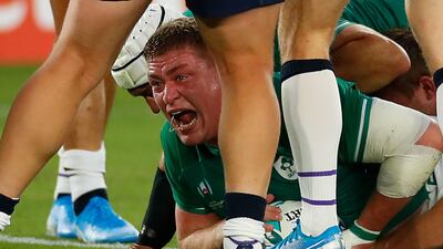 Ireland prop Tadhg Furlong reacts after scoring a try during the Rugby World Cup Pool A match against Scotland at the International Stadium Yokohama. AFP