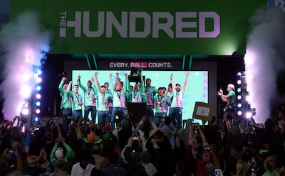 Sam Billings of Oval Invincibles lifts The Hundred champions' trophy after beating Trent Rockets at Lord's in August 31. Getty Images