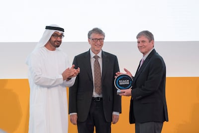 UAE President Sheikh Mohamed with Bill Gates and James Carter, son of former US president Jimmy Carter, in 2017. Mr Gates has a long-standing relationship with the UAE. Abu Dhabi Crown Prince Court