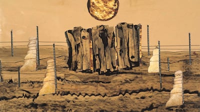 Behjat Sadr was one of the few artists to address the part played by oil in fuelling Iran’s art scene in the 1960s and 1970s, as depicted in this oil on paper and photograph image, circa 1975. Courtesy The Mosaic Rooms