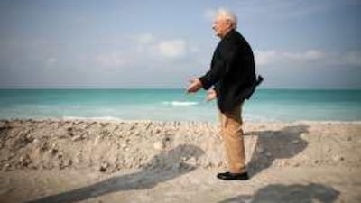 Architect Frank Gehry stands at the future site of the Guggenheim which he designed to be built on Sadiyat Island.