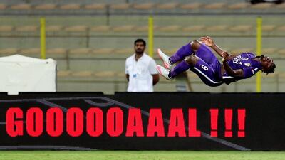 Emmanuel Emenike of Al Ain celebrates in his unique style after scoring the first goal against Al Wasl. Ashraf Al Amra / Al Ittihad