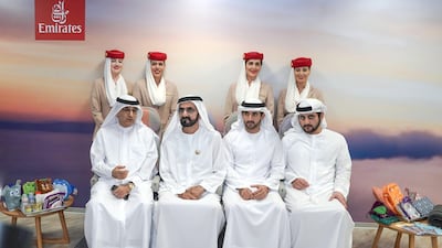 Sheikh Mohammed bin Rashid, Vice President and Ruler of Dubai; Sheikh Hamdan bin Mohammed, Crown Prince of Dubai; Sheikh Maktoum bin Mohammed, Deputy Ruler of Dubai. Pictured with and Adel Al Redha, Emirates’ executive vice president and chief operations officer, at the Emirates lab at Dubai Future Accelerators, Wam