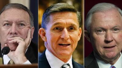 From left, congressman Mike Pompeo, president-elect Donald Trump’s nominee to head the CIA; retired Lt Gen Michael Flynn, who will serve as Mr Trump’s national security adviser; and senator Jeff Sessions, who has been chosen to be the next US attorney general. AFP