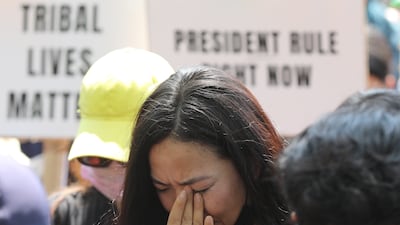 A member of the Kuki tribe during a tribal solidarity protest against the alleged ethnic cleansing in Manipur state in May. EPA