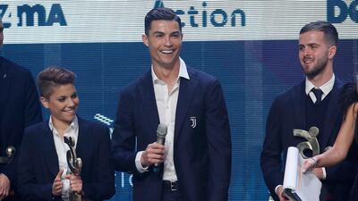 Cristiano Ronaldo gives a speech after being named Best Player at the Gran Gala del Calcio 2019 ceremony. AP Photo