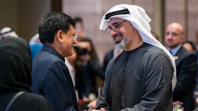 Sheikh Khaled bin Mohamed, Crown Prince of Abu Dhabi, at the India-UAE Business Forum in Mumbai. Abu Dhabi Media Office