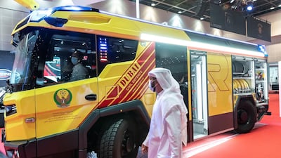 The newly launched fully electric Rosenbauer Revolutionary Technology fire engine is the first of its kind, and it belongs to Dubai Civil Defence. Antonie Robertson / The National