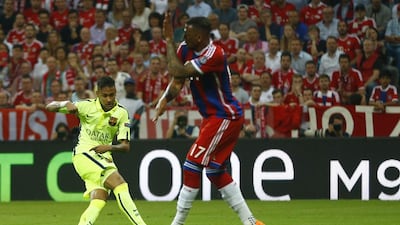Barcelona's Neymar scores his team's second goal on Tuesday night against Bayern Munich in the Champions League semi-final second leg. Matthias Schrader / AP