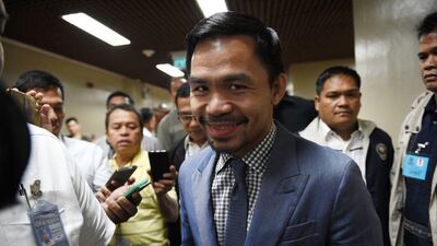 Manny Pacquiao, also a Philippine Senator, arrives for a senate session in Manila on February 13. Pacquiao is scheduled to fight unbeaten Australian Jeff Horn in July. Ted Aljibe / AFP
