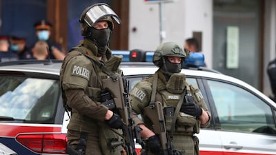 Armed police at the scene after the 2020 Vienna shootings. AP