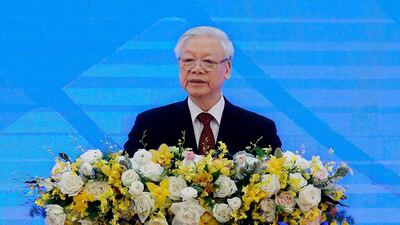 Vietnam's President and Communist Party's General Secretary Nguyen Phu Trong delivers a speech during the opening ceremony of the 37th Association of Southeast Asian Nations (Asean) in Hanoi, Vietnam, November 12, 2020. EPA