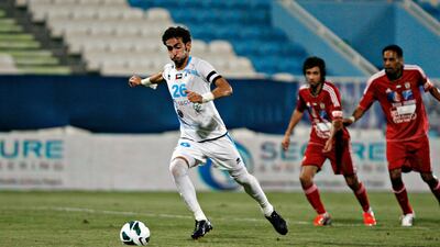DUBAI, UNITED ARAB EMIRATES - October 9, 2012- Baniyas's Yousef Jaber kicks the tying goal during first half football action against Al Jazira in Baniyas Stadium in Baniyas, Abu Dhabi October, 9, 2012. (Photo by Jeff Topping/The National)