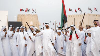 Sheikh Mohammed bin Zayed, Crown Prince of Abu Dhabi and Deputy Supreme Commander of the Armed Forces, attends the Sheikh Zayed Heritage Festival. Seen with Sheikh Ammar bin Humaid, Crown Prince of Ajman, Sheikh Zayed bin Mohamed bin Hamad bin Tahnoon and Mubarak bin Garran Al Mansouri. Rashed Al Mansoori / Crown Prince Court - Abu Dhabi