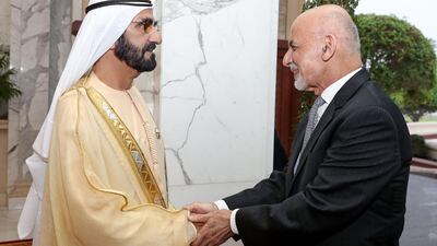 Sheikh Mohammed bin Rashid welcomes Mr Ghani to Zabeel Palace in Dubai.