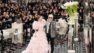 Lagerfeld and model Lily-Rose Depp after Chanel's haute couture show in January 2017. EPA