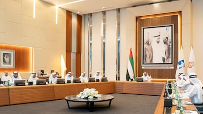 Sheikh Mohamed bin Zayed, Crown Prince of Abu Dhabi and Deputy Supreme Commander of the UAE Armed Forces (seventh left) chairs a Supreme Petroleum Council meeting at the Abu Dhabi National Oil Company (ADNOC) Headquarters. Seen with Awaidha Murshed Al Murar, Chairman of the Department of Energy and Abu Dhabi Executive Council Member (left), Jassem Mohamed Bu Ataba Al Zaabi, Chairman of Abu Dhabi Executive Office and Abu Dhabi Executive Council Member (second right) Dr Ahmed Mubarak Al Mazrouei, chairman of the Office of the Chairman of the Abu Dhabi Executive Council (third right) Dr Sultan Al Jaber, UAE Minister of State, Chairman of Masdar and CEO of ADNOC Group (fourth right) Sheikh Theyab bin Mohamed bin Zayed, Abu Dhabi Executive Council member and Chairman of the Abu Dhabi Crown Prince Court (CPC) (fifth right) and Sheikh Mansour bin Zayed, UAE Deputy Prime Minister and Minister of Presidential Affairs (sixth right). Mohamed Al Hammadi / Ministry of Presidential Affairs
