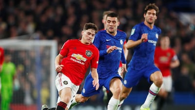 Manchester United's Daniel James, left, goes on the attack. Reuters