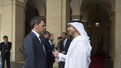 Italian Prime Minister Matteo Renzi with Sheikh Abdullah bin Zayed after a lunch reception at Palazzo Chigi. Mohamed Al Hammadi / Crown Prince Court - Abu Dhabi