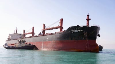 Attacked by Yemen's Houthi rebels in the Red Sea on January 16, the Greek-owned bulk carrier Zografia is under repair work at the Suez Shipyard in Ismailia, Egypt. EPA