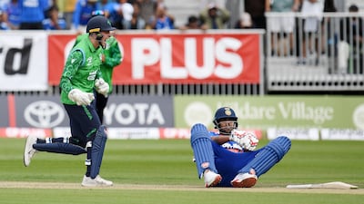 Ireland's Lorcan Tucker celebrates the wicket of India's Harshit Rana in the second T20 in Belfast. Getty Images