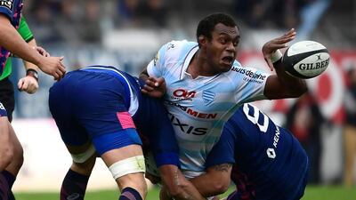Racing-Metro’s Fijian second row Leone Nakarawa, centre, is tackled by Stade Francais’ players during the French Top 14 rugby union match between Racing 92 and Stade Francais at the Yves-du-Manoir stadium in Colombes, northwest of Paris. AFP